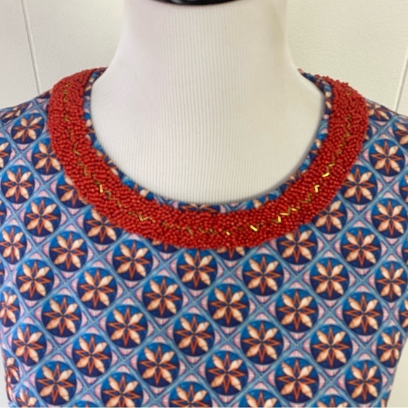 NicoBlu Coralie Sheath Dress Beaded Neckline Size 10 Shell Print Blue NEW $298 - Picture 3 of 16